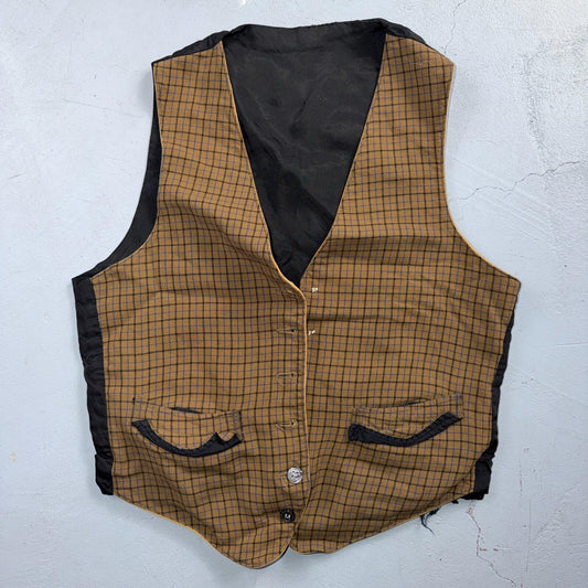 VTG Buckle Back Vest Mens Black Waistcoat Size S 1940s 1950s Plaid Double Sided