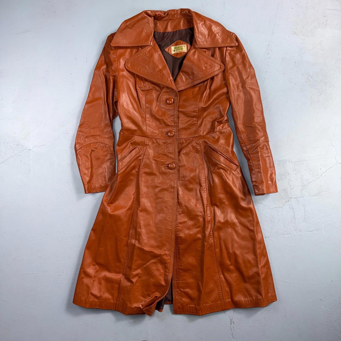 Genuine Leather Womens Brown Blazer Pea Coat Vintage Jacket 70s 80s Long Trench