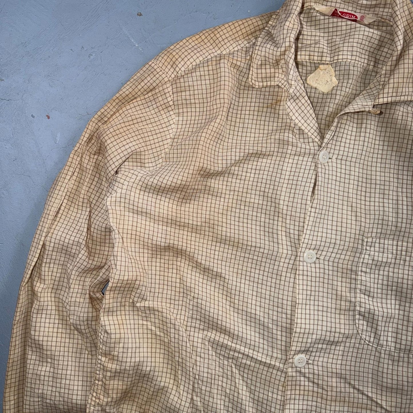 VTG 1950s Pilgrim Loop Collar Button Up Shirt Cotton Rockabilly S Thrashed Stain