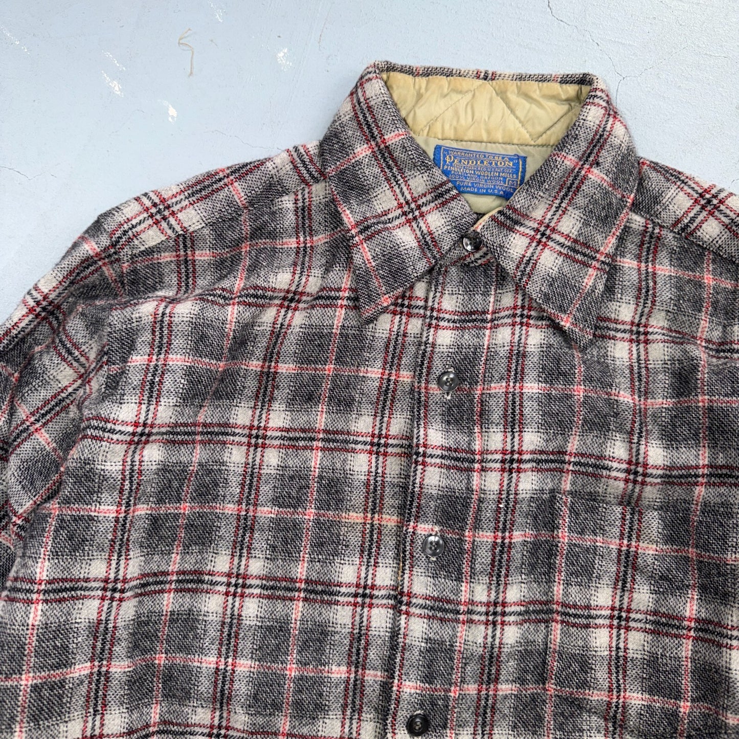 VTG 70s Pendleton Wool Flannel Shirt Jacket Gray Red Plaid USA Made M Rockabilly