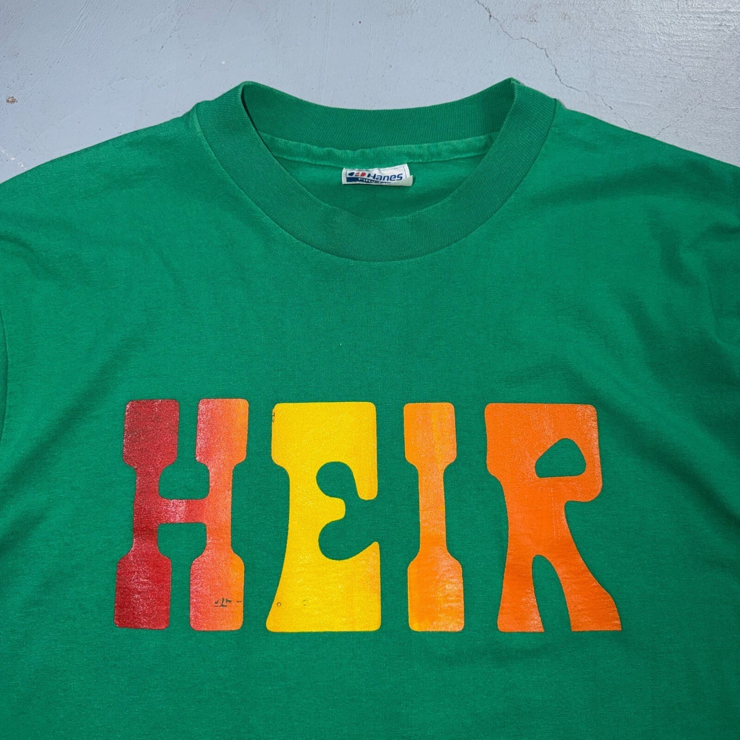 Heir 1980s VTG T Shirt Green Graphic Music Band Text Single Stitch 80s Hanes