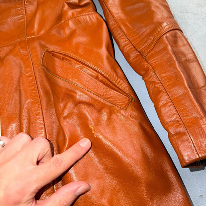 Genuine Leather Womens Brown Blazer Pea Coat Vintage Jacket 70s 80s Long Trench