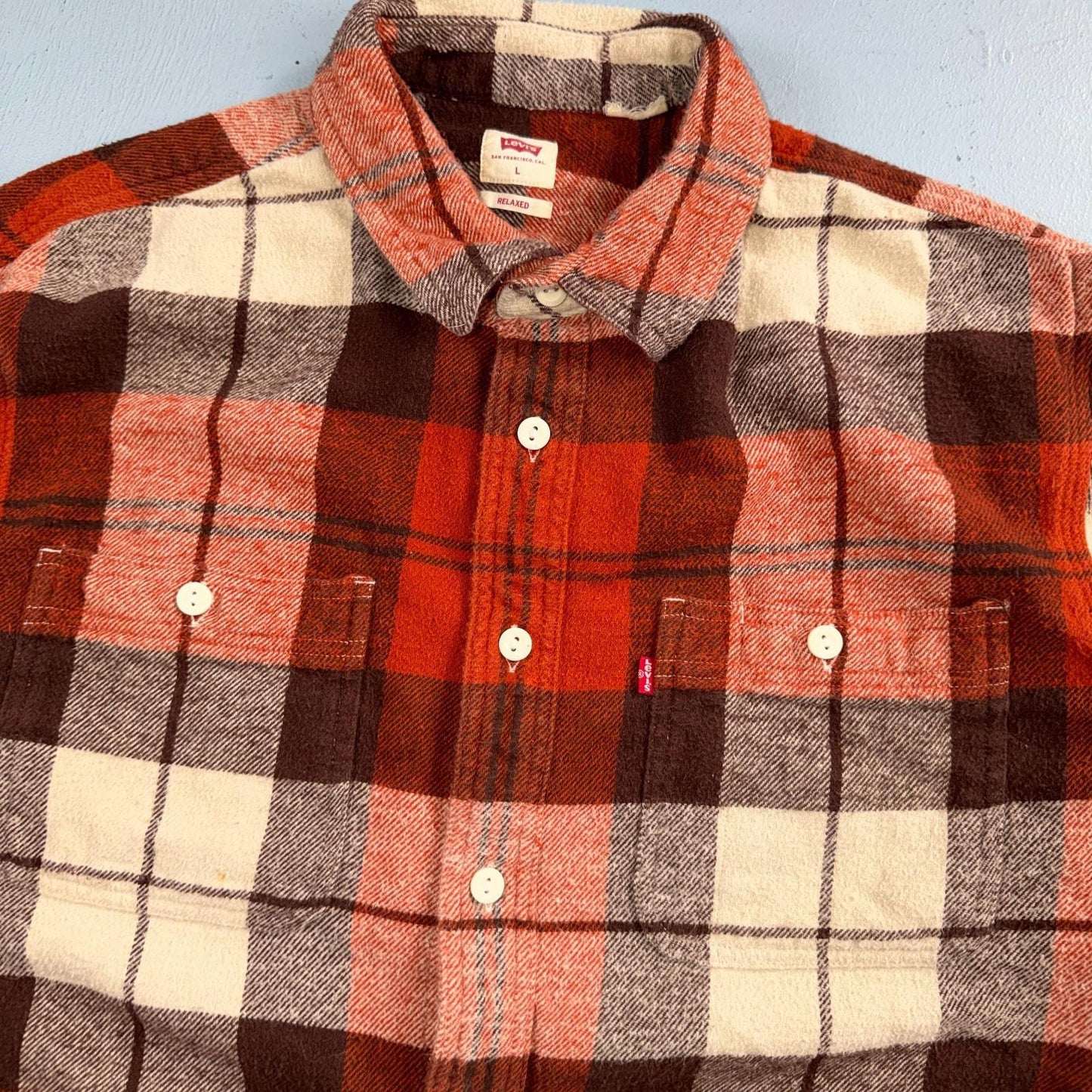 Levis Workwear Plaid Flannel Button Down Shirt Large Clay Red Beige Relaxed