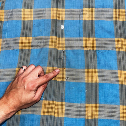 VTG 1960s Penneys Towncraft Blue Camp Loop Collar Shirt Rockabilly Button Plaid