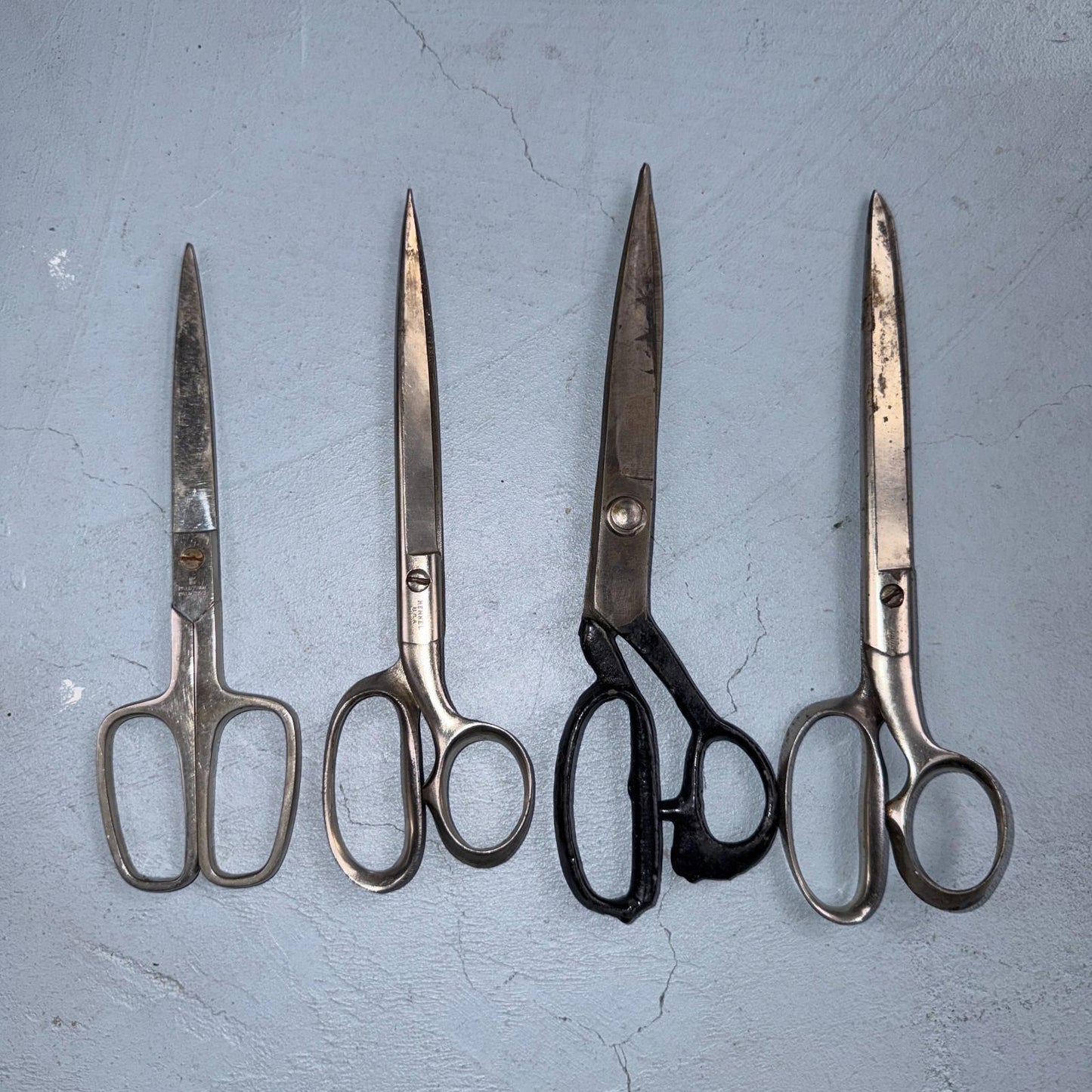 4 Pairs of Used Vintage Scissors Silver Handle Henkel Italy Steel Rare 60s