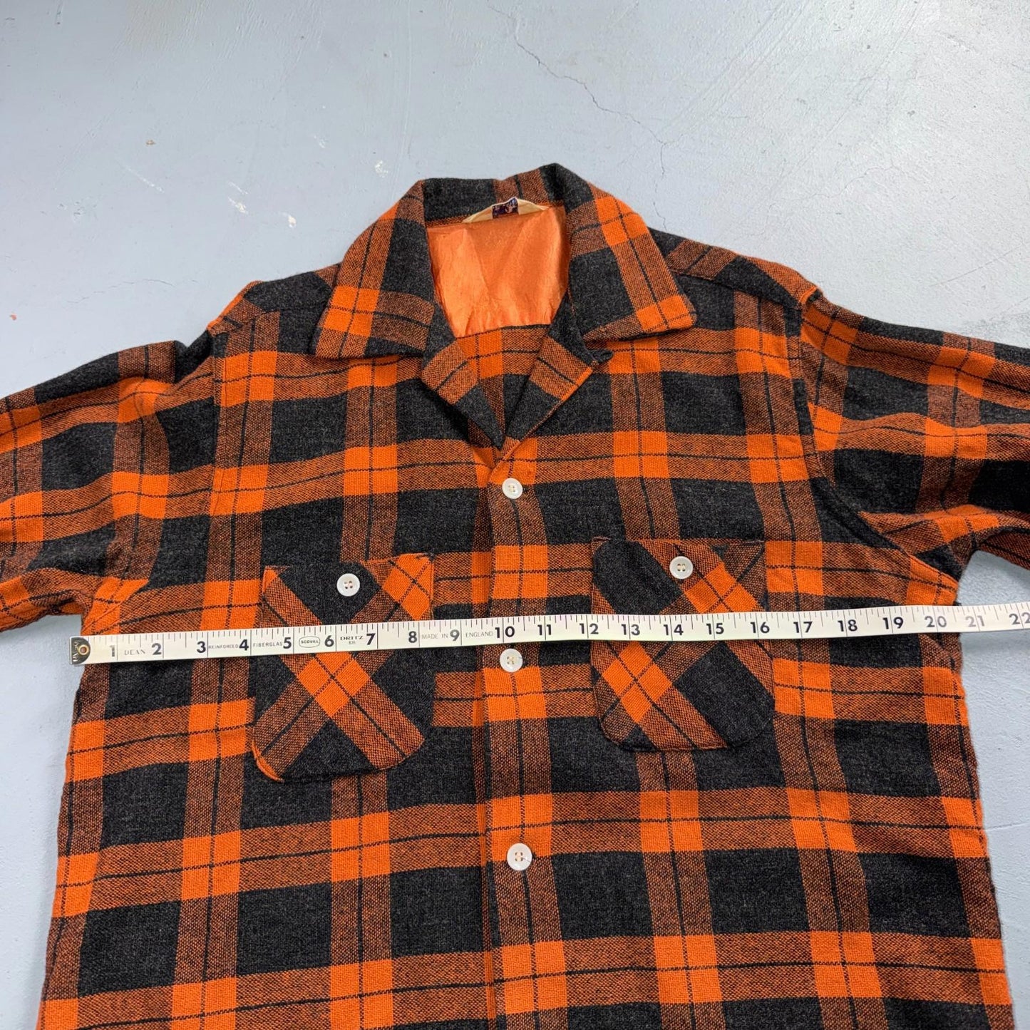 VTG 50s Fruit of Loom Shirt Orange Plaid Wool Button Loop Collar Rockabilly 1950