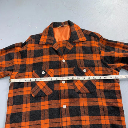 VTG 50s Fruit of Loom Shirt Orange Plaid Wool Button Loop Collar Rockabilly 1950