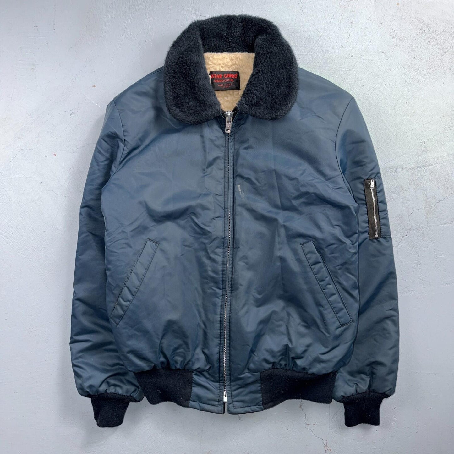 Vintage Wear-Guard Jacket Mens M Blue Bomber Faux Fur Collar Sherpa USA 80s