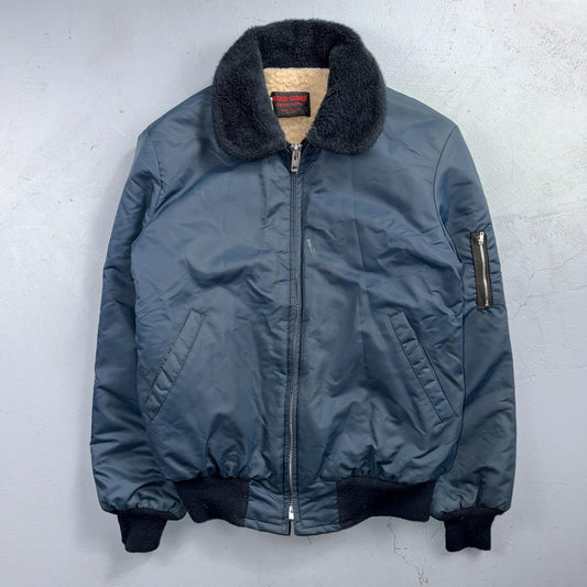 Vintage Wear-Guard Jacket Mens M Blue Bomber Faux Fur Collar Sherpa USA 80s