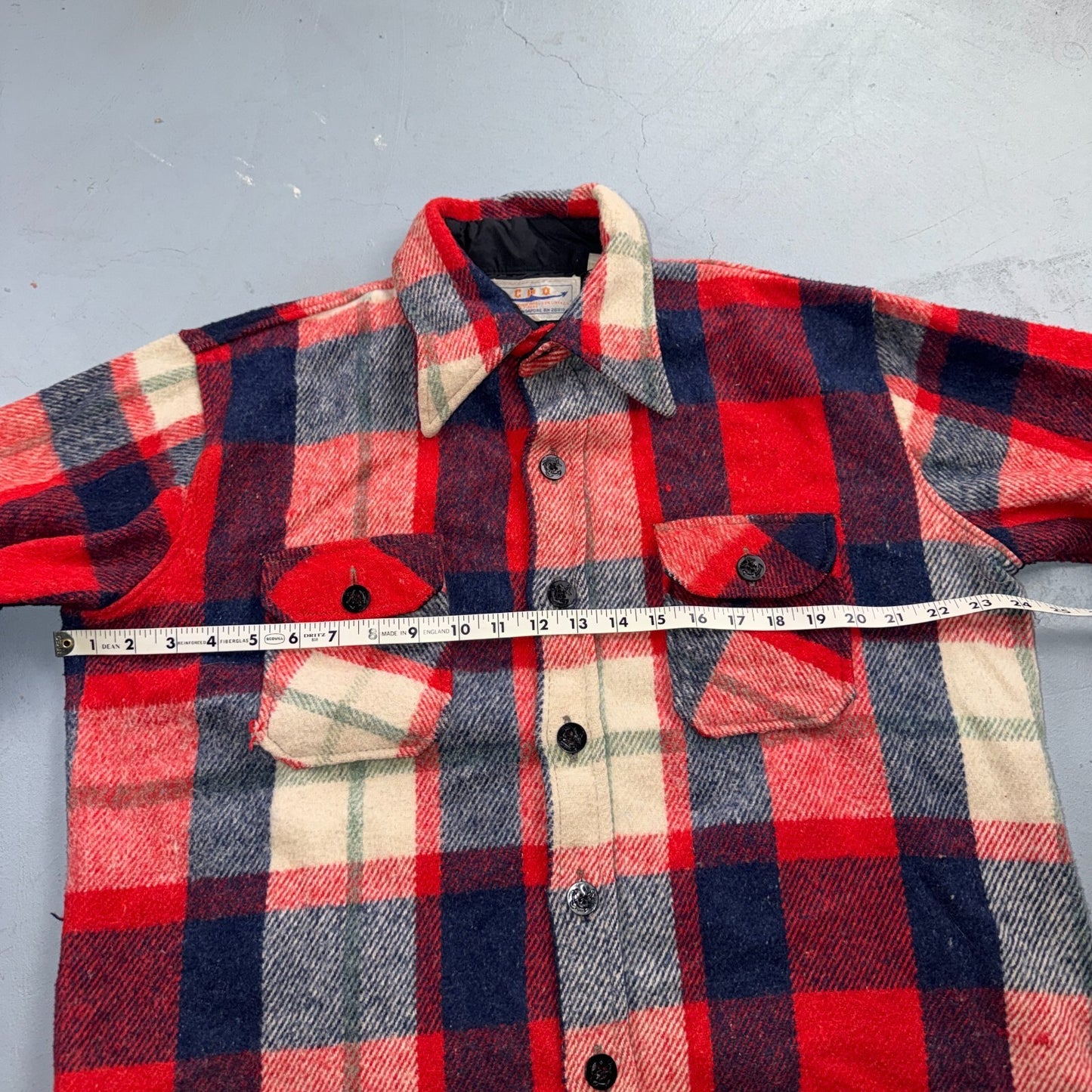 Vintage 70s Sport King CPO Shirt Jacket Mens Large Red Blue Wool Plaid Navy USN