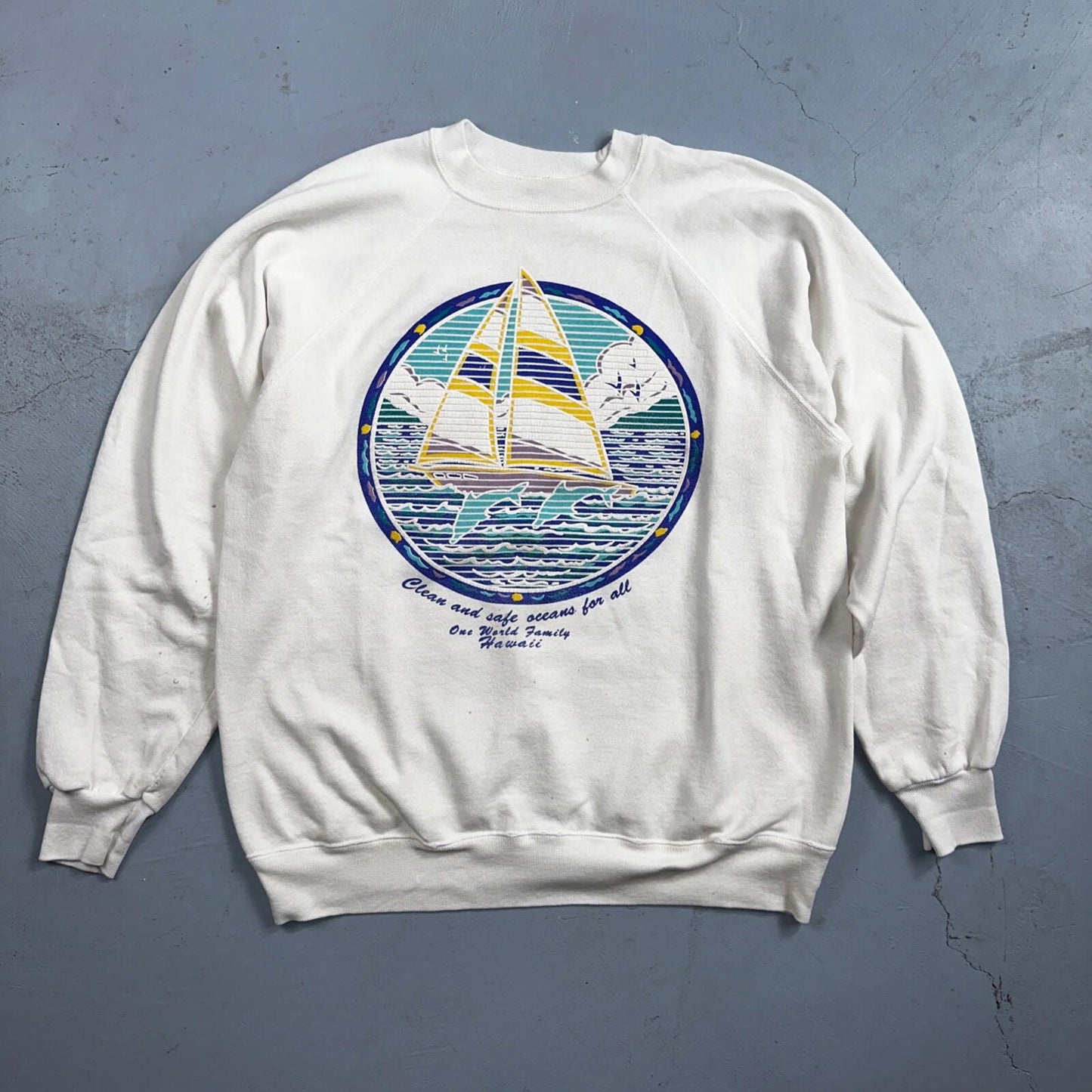 Ocean Keep Clean Hawaii Sail Boat VTG 80s Crewneck Sweatshirt White Earth Peace