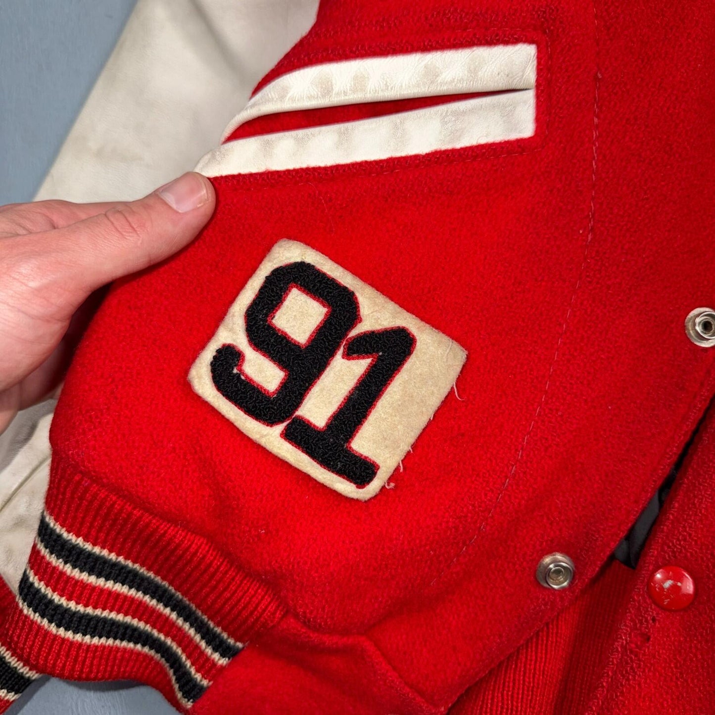 VTG 70s Nelson Varsity Jacket Letterman USA Made Leather Collegiate 44 Red Phil
