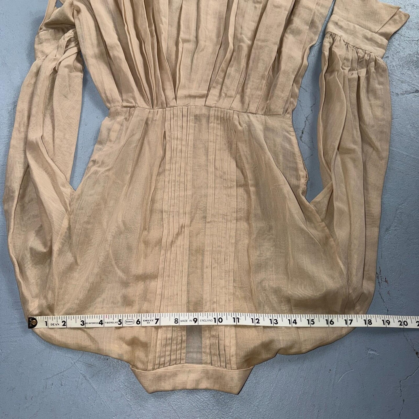 Vintage 1970s Shirtwaist Dress Beige Pleated Skirt Long Sleeve Belted Cute 70s