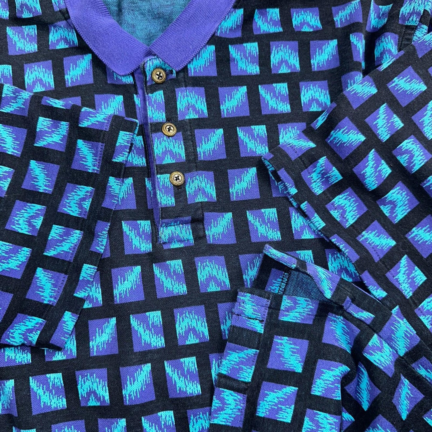 Carlyle VTG Short Sleeve Knit Polo Sz L Rockabilly Crazy Print Pattern Blue 70s
