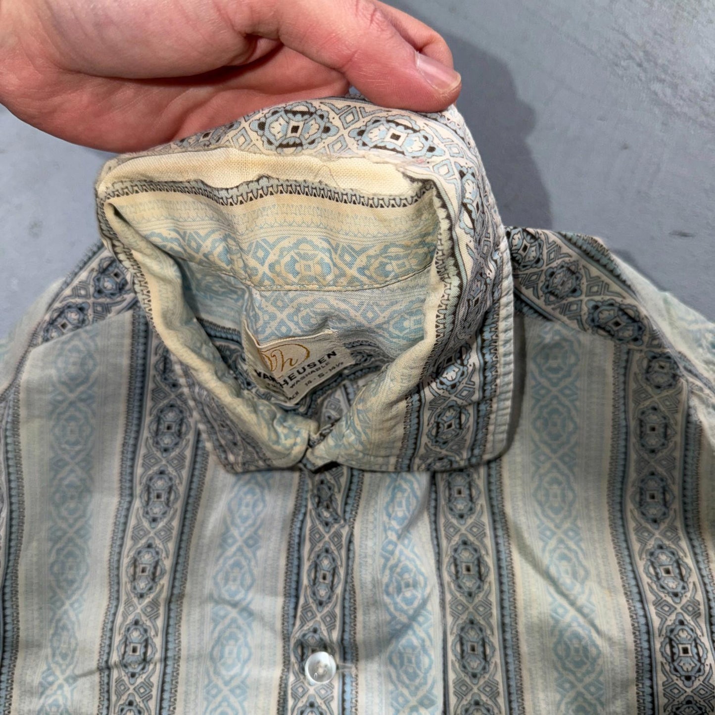 Vintage 60s Van Heusen Checker Button Up Shirt Made In USA Small Rockabilly Blue
