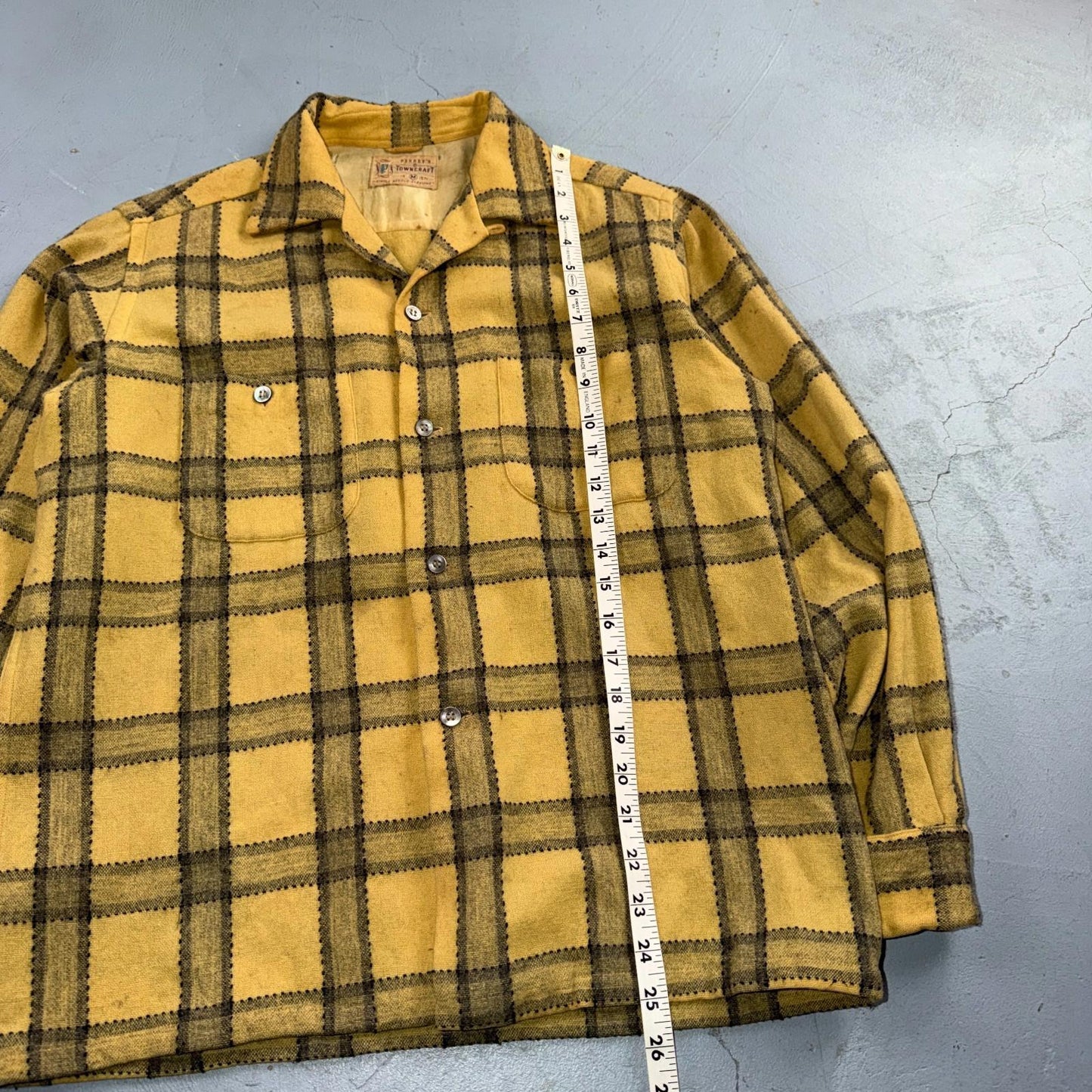 Penneys VTG Towncraft Flannel Shirt Mens M Loop Collar Plaid 50s Rockabilly Wool