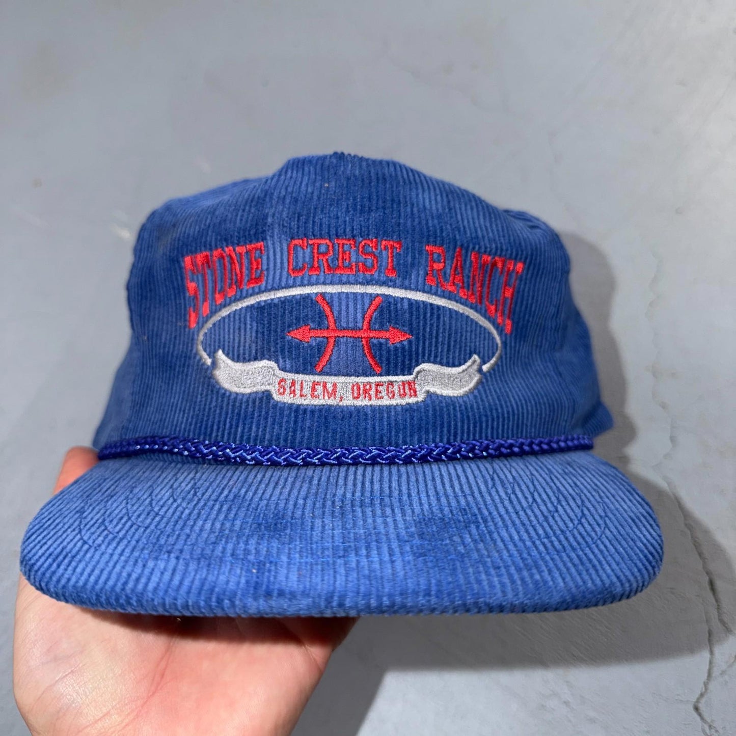 Salem Oregon Stone Crest Ranch Corduroy VTG Hat Baseball Cap Snapback Blue 80s