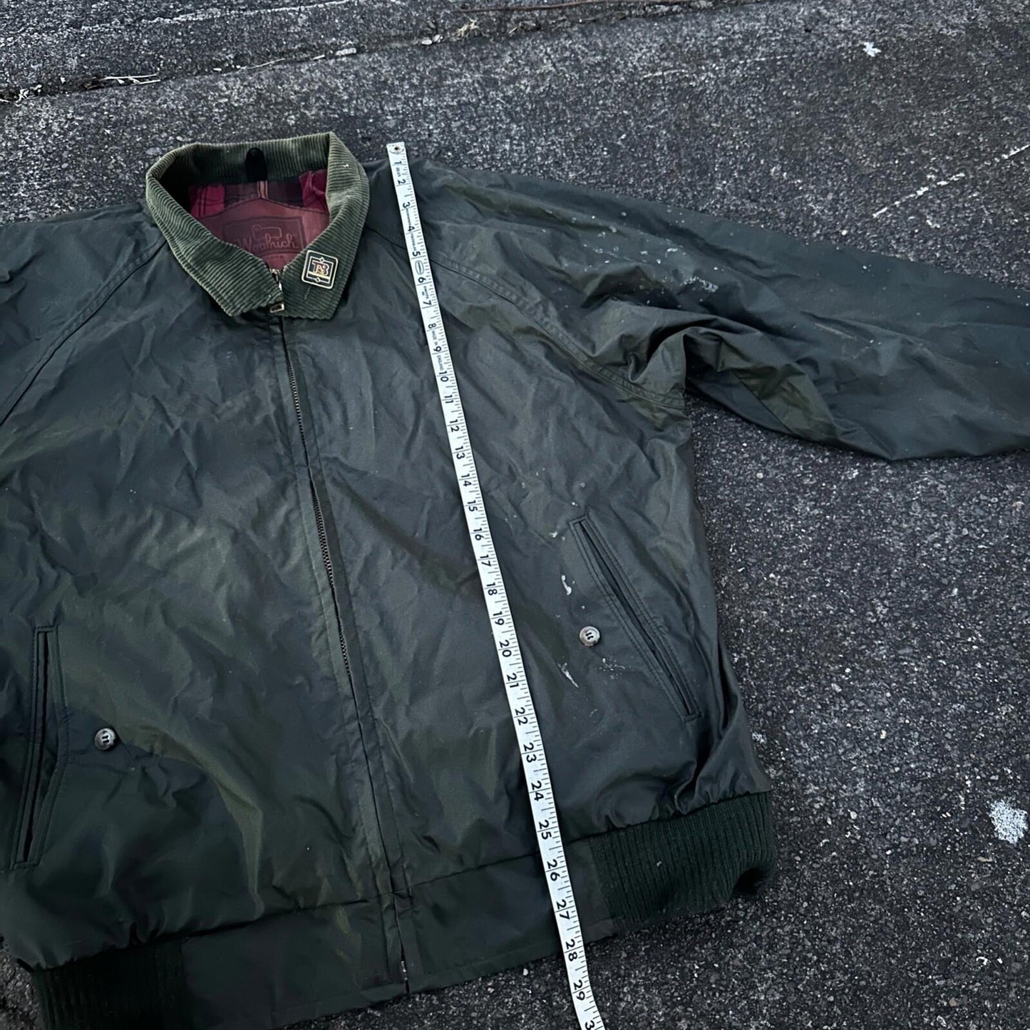 Vintage Woolrich Bomber Jacket Green USA Stained 90s Red Lining USED HEAVY