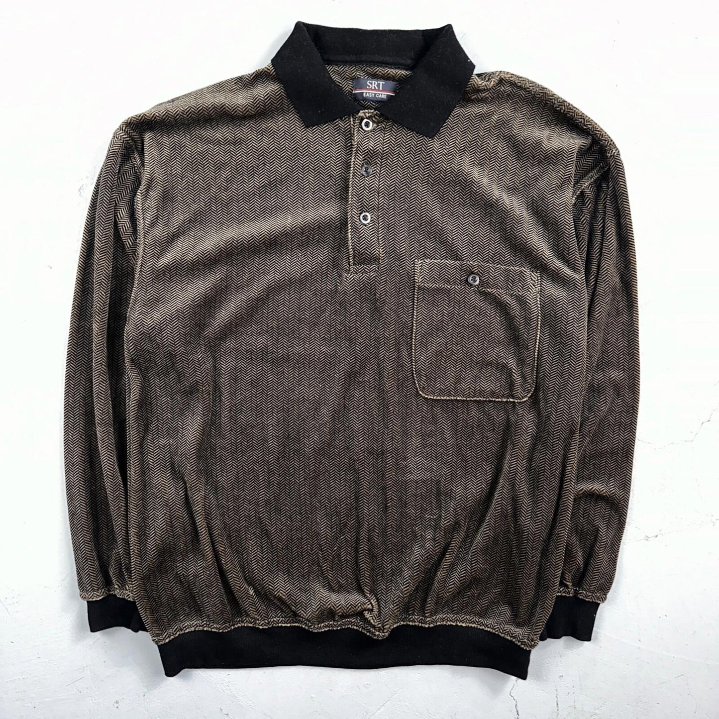 SRT Herringbone Mens Shirt Size L Gray Long Sleeve Henley VTG Golf Polo 90s