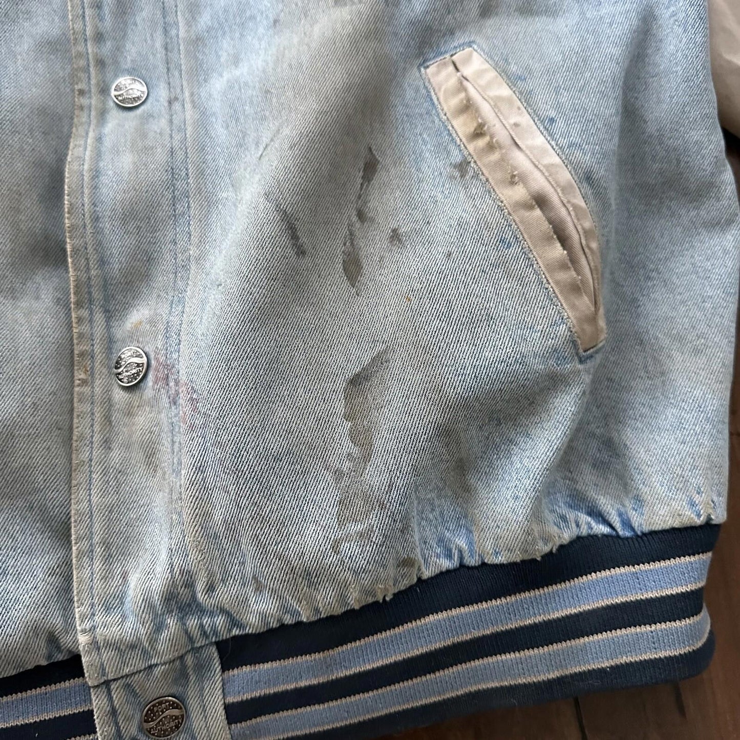 Vintage Oregon 90s Denim Varsity Jacket Bomber Salem Auto NASCAR Racing Thrashed