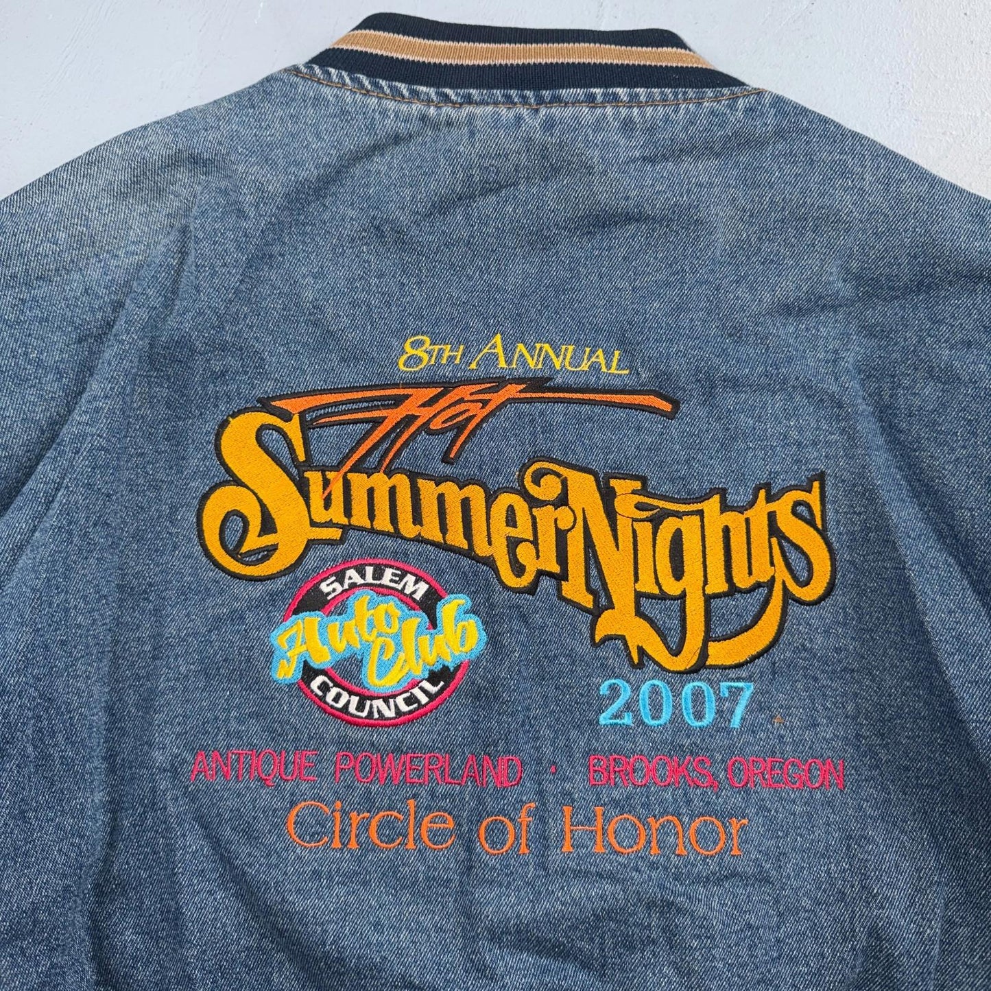 Summer Nights 2007 Vintage Denim Varsity Jacket Y2K Dan Judy Salem Auto Club