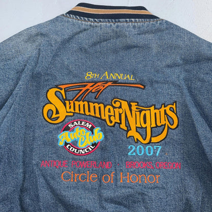 Summer Nights 2007 Vintage Denim Varsity Jacket Y2K Dan Judy Salem Auto Club