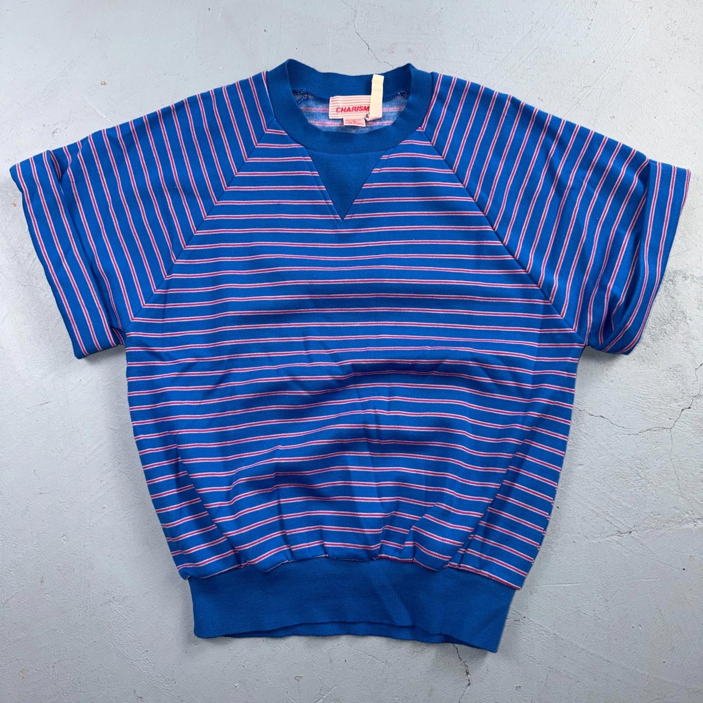 Charisma Striped Pullover Sweater Blue Aqua Ski Short Sleeve 1980s Euro VTG