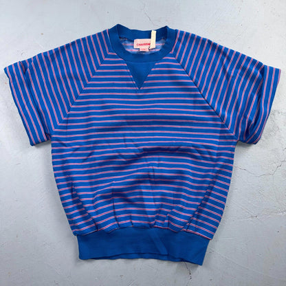 Charisma Striped Pullover Sweater Blue Aqua Ski Short Sleeve 1980s Euro VTG