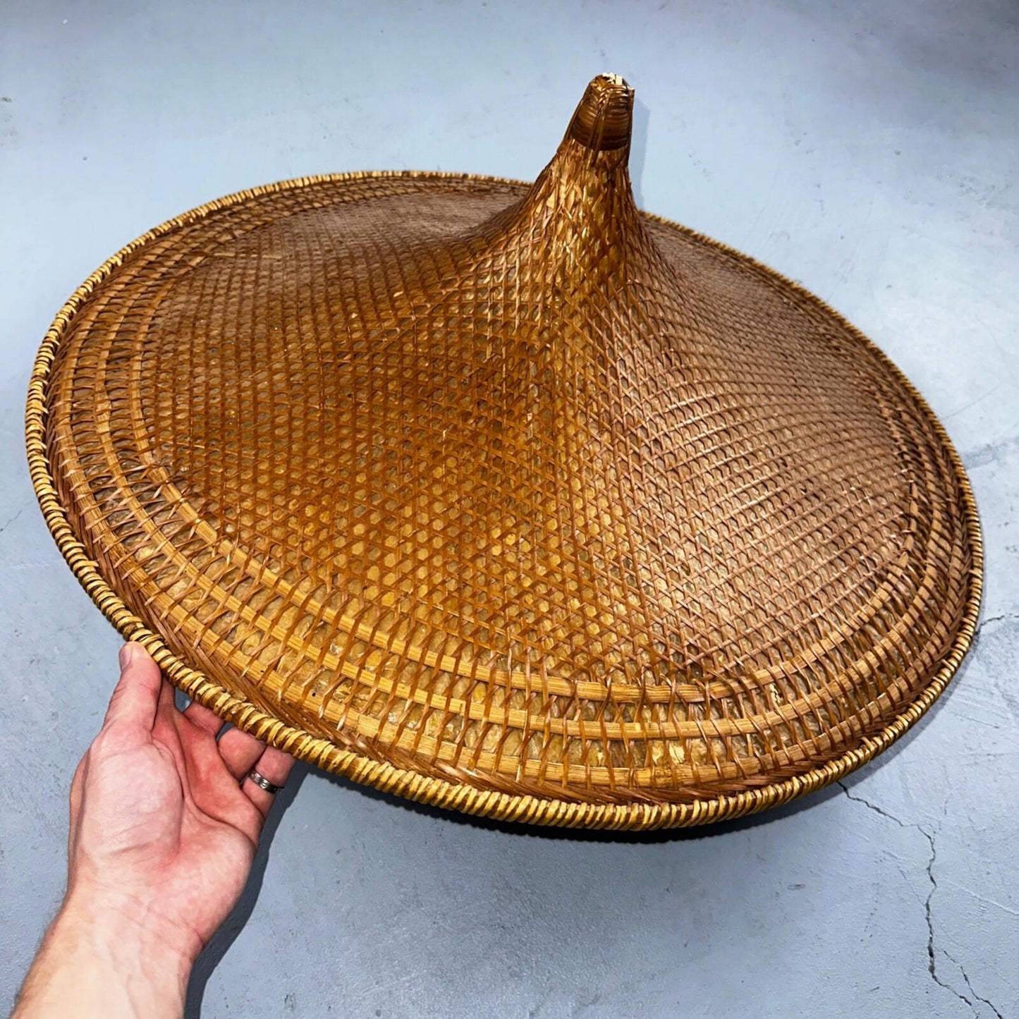 Vintage Asian Conical Rattan Leaf Rickshaw Coolie Hat Cantonese Chinese Handmade