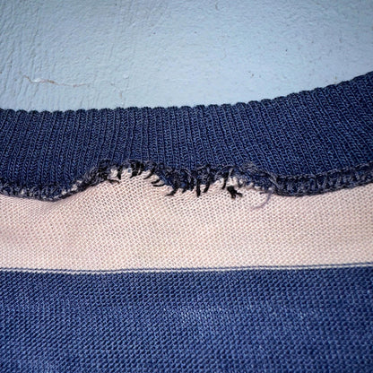 Blue Pink Rockabilly V Neck T Shirt 1970s Striped Basic Essential Single Stitch