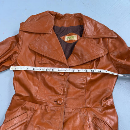 Genuine Leather Womens Brown Blazer Pea Coat Vintage Jacket 70s 80s Long Trench