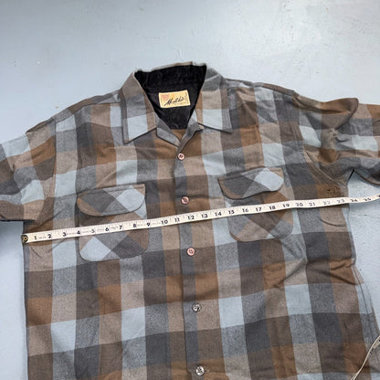 VTG 60s Montclair Brown Gray Plaid Wool Shirt Loop Collar USA Rockabilly Board
