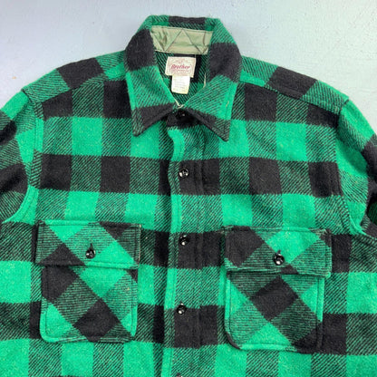 Vintage 1950s Five Brother Green Wool Buffalo Plaid Button Down Shirt Rockabilly