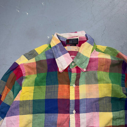 VTG Albert LTD Blue Yellow Button Up Long Sleeve Picnic Plaid Large USA Designer