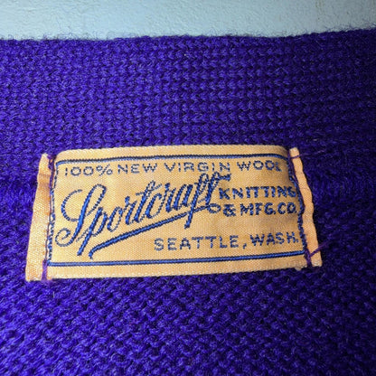 Vintage Sportcraft Knitting Cardigan Purple Wool College School Varsity Sweater