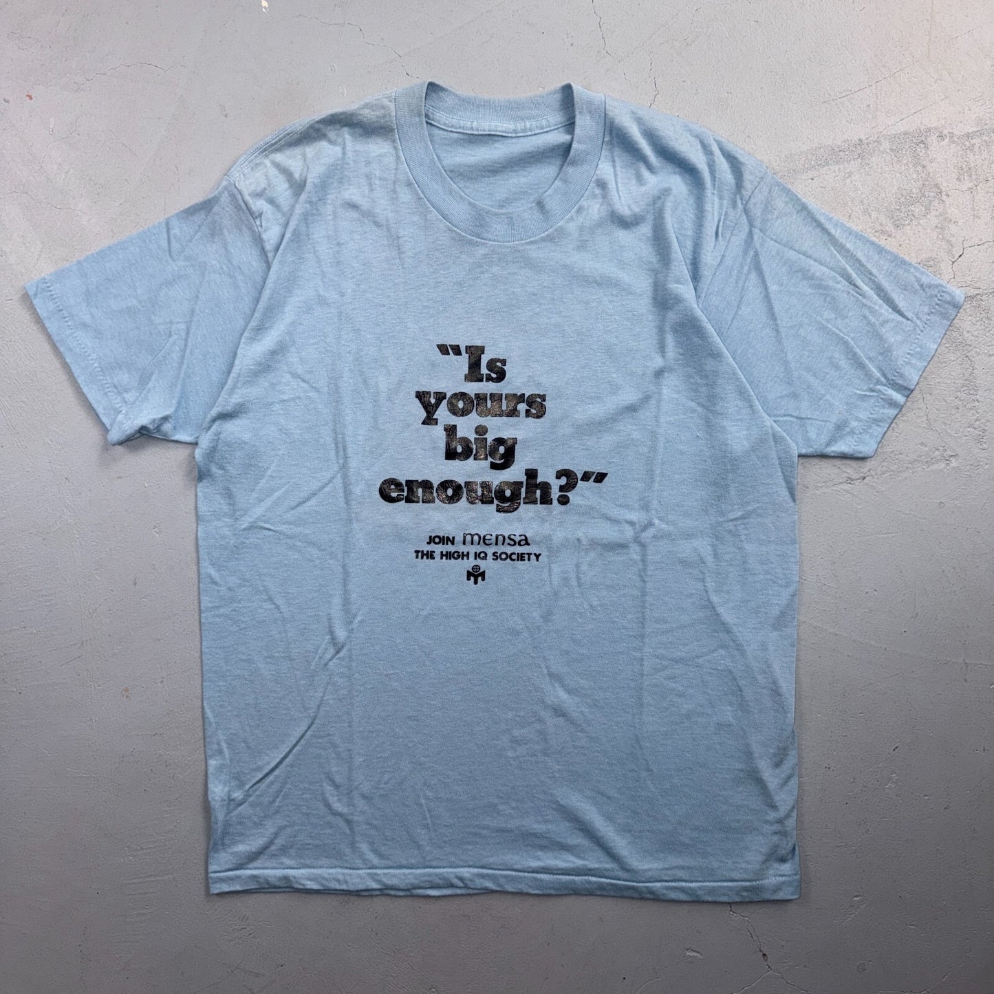 VTG Mensa Is Yours Big Enough? T Shirt Funny Graphic Blue Single Stitch 80s Text