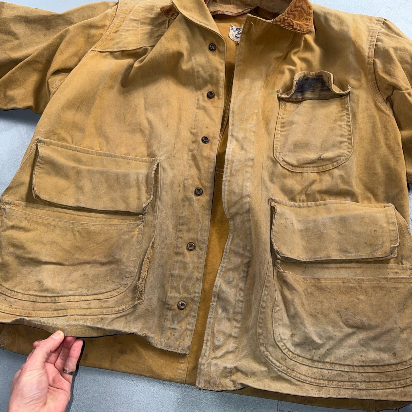 Hinson Bodyguard Men’s Vtg 1940s Hunting Jacket Coat USA Corduroy Trim Brown 46