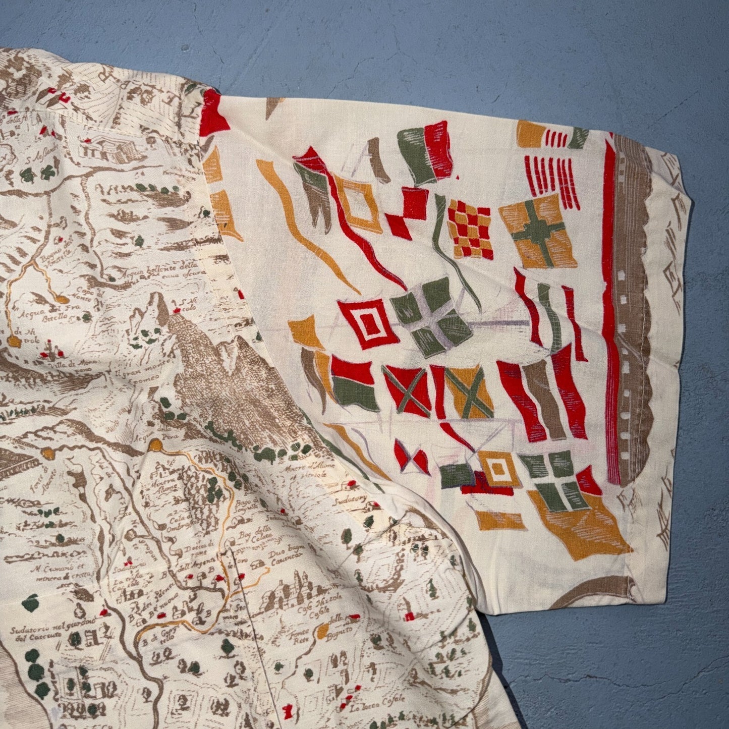 VTG 50s PENNEYS Hawaiian Flags Button Aloha Shirt Rockabilly THRASHED 1950s