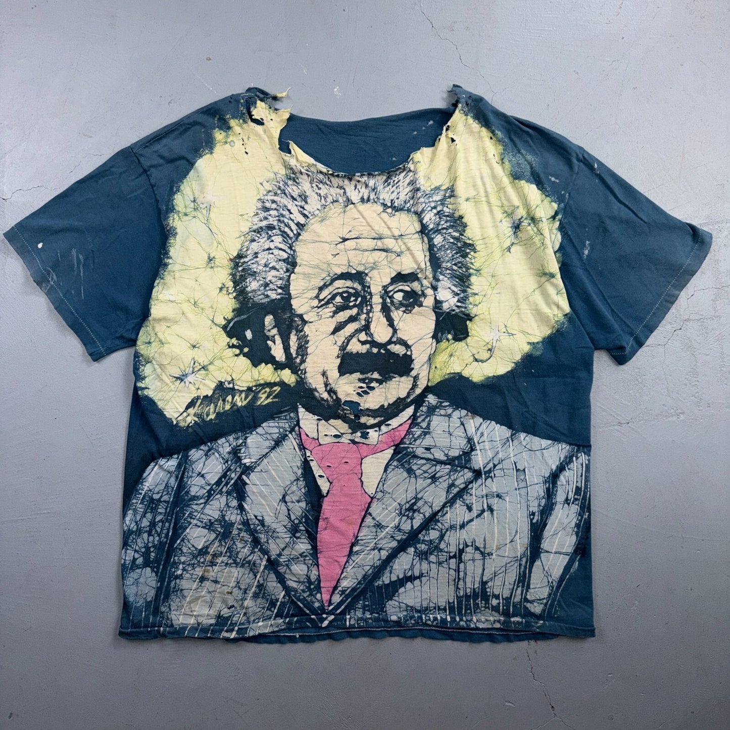 Albert Einstein Batik VTG T Shirt Mosquitohead Style Thrashed 90s Unique RARE