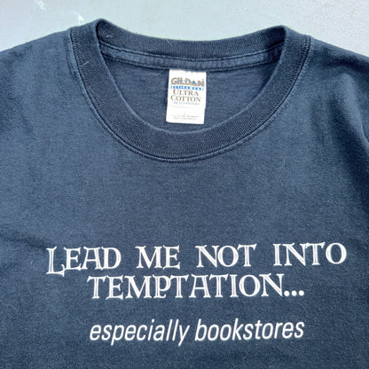 Bookstore Lead Me Into Temptation VTG T Shirt Y2K Book Reading Quote Text 2000s