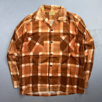 VTG 40s Deer Creek Brown Plaid Loop Collar Button Shirt Rockabilly Sanforized