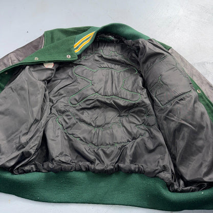 Varsity Jacket 44 VTG Green Bomber Wool Leather Evergreen Plainsmen Chainstitch