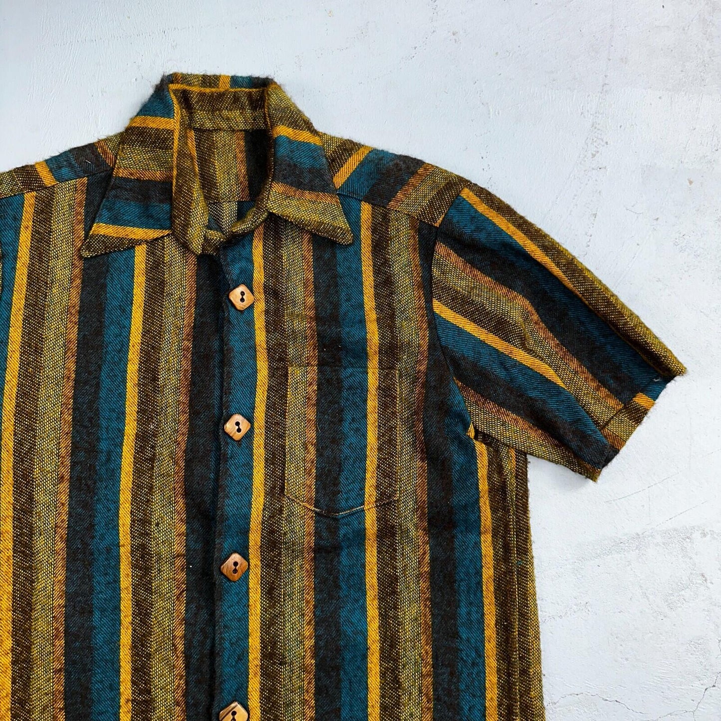 1960s Wool Short Sleeve Striped Wood Button Down Shirt 60s 70s Rockabilly