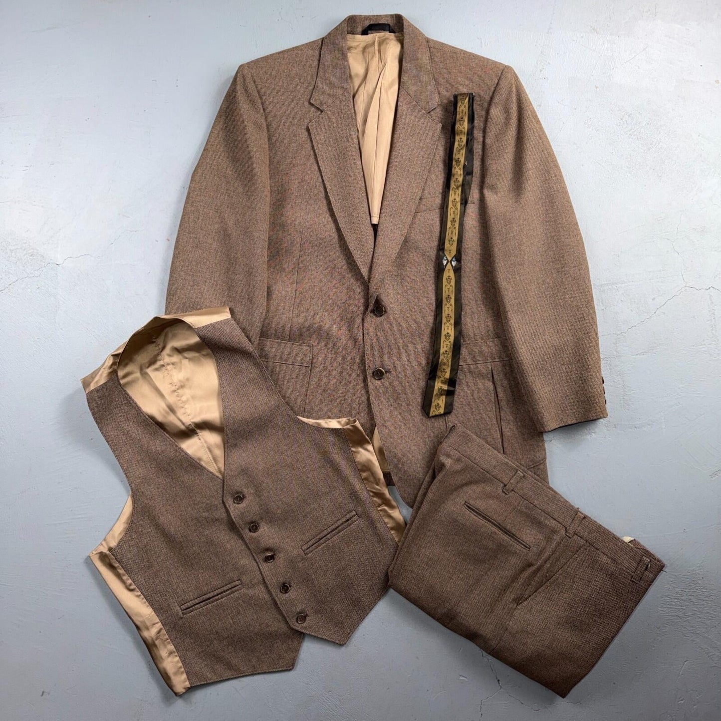 VTG Mens 3 PC Suit 40 Jacket Coat Pants Vest Plaid Rockabilly 70s 1970s Brown