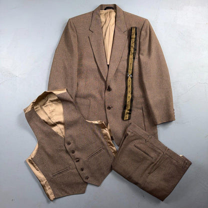 VTG Mens 3 PC Suit 40 Jacket Coat Pants Vest Plaid Rockabilly 70s 1970s Brown