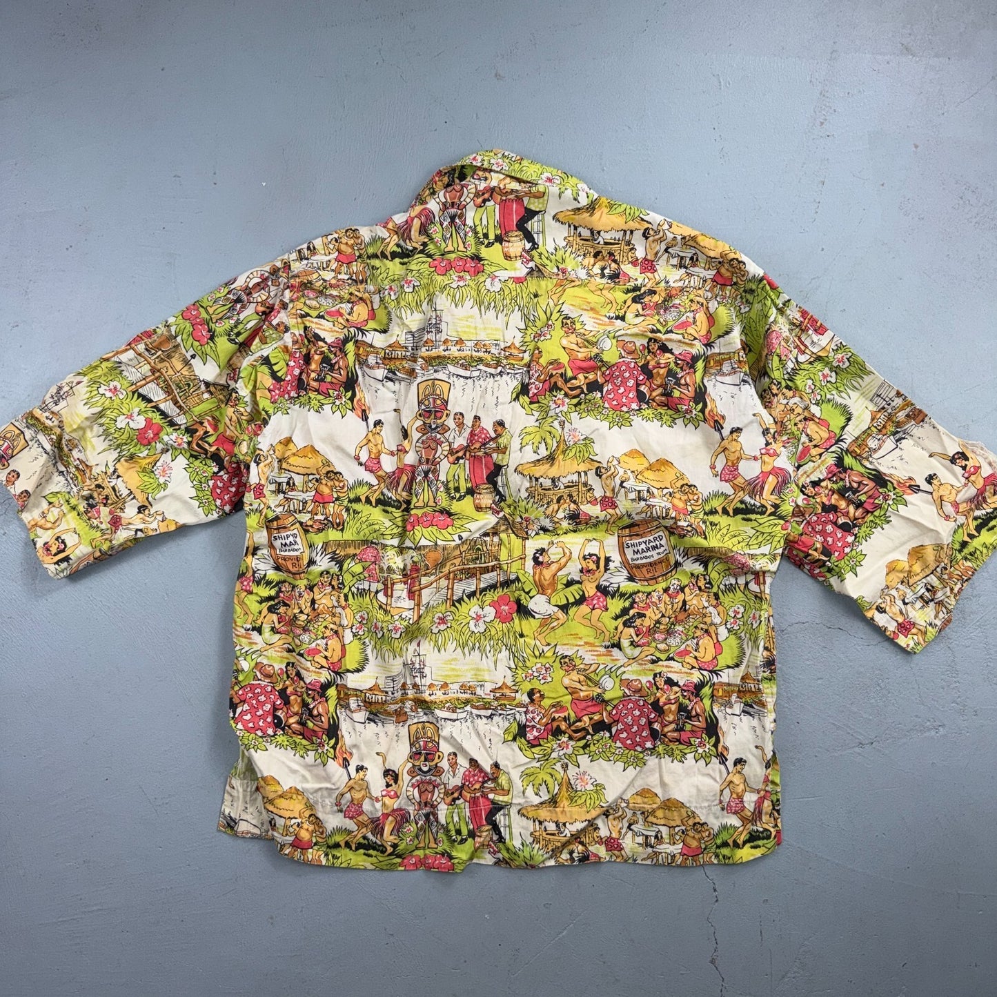 VTG 50s Hawaiian Aloha Shirt Dance Rockabilly Novelty Print Pinup Pin Up Girls