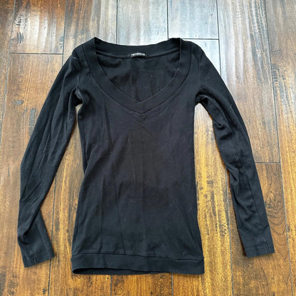 Terranova T-Shirt Top Long Sleeve Casual Clothing Womens S Black Deep V Neck
