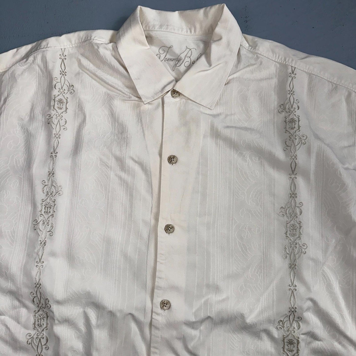 Tommy Bahama Mens Camp Hawaiian Shirt 2XL Silk White Aloha Floral Summer