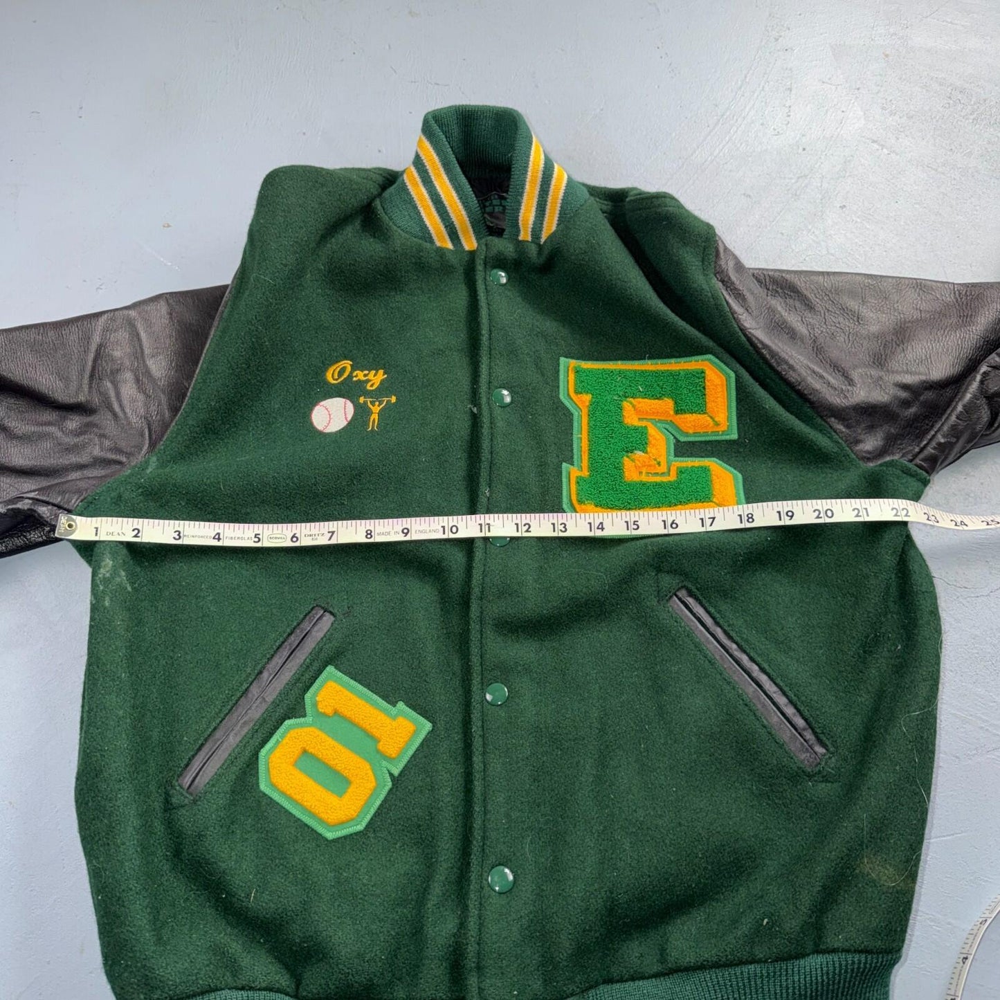 Varsity Jacket 44 VTG Green Bomber Wool Leather Evergreen Plainsmen Chainstitch