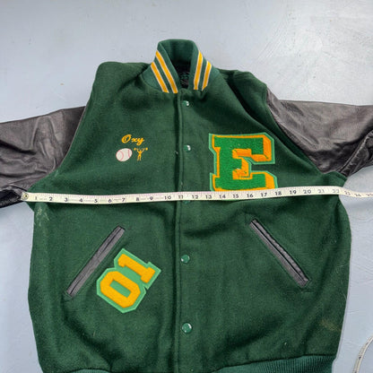Varsity Jacket 44 VTG Green Bomber Wool Leather Evergreen Plainsmen Chainstitch